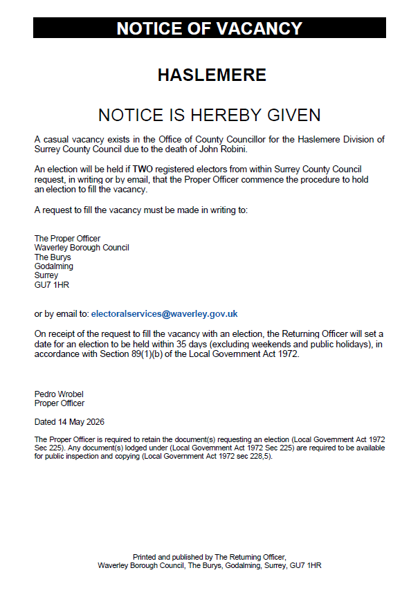 NOTICE OF VACANCY IN OFFICE OF COUNTY COUNCILLOR – Haslemere