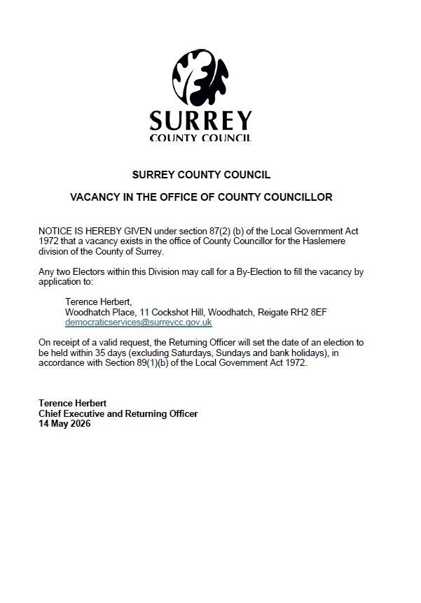 NOTICE OF VACANCY IN OFFICE OF COUNTY COUNCILLOR – Haslemere