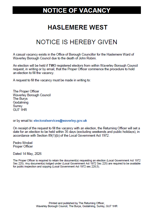 NOTICE OF VACANCY IN THE OFFICE OF BOROUGH COUNCILLOR – Haslemere West