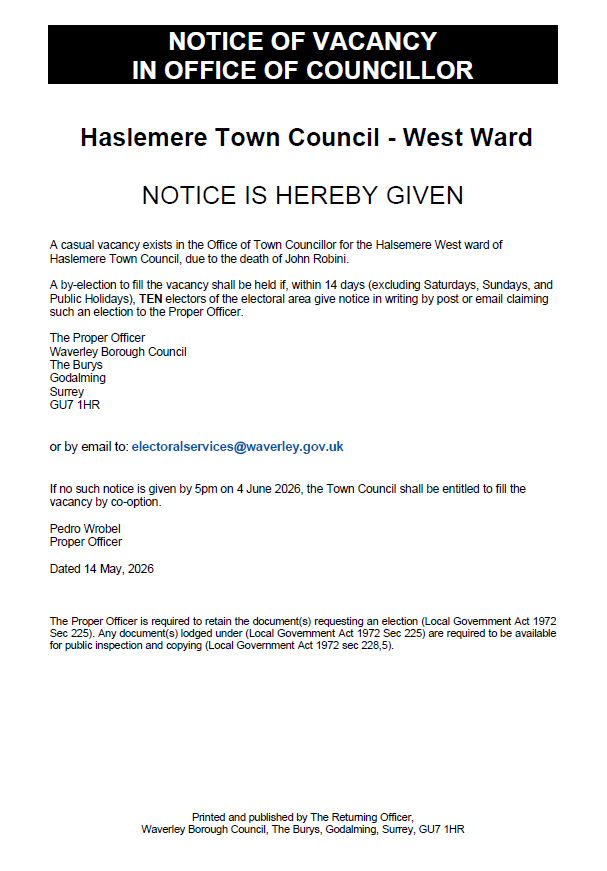 NOTICE OF VACANCY IN OFFICE OF COUNCILLOR – Haslemere Town Council West Ward